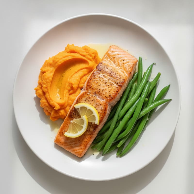 Seared Salmon Fillet with Steamed Green Beans and Mashed Sweet Potatoes