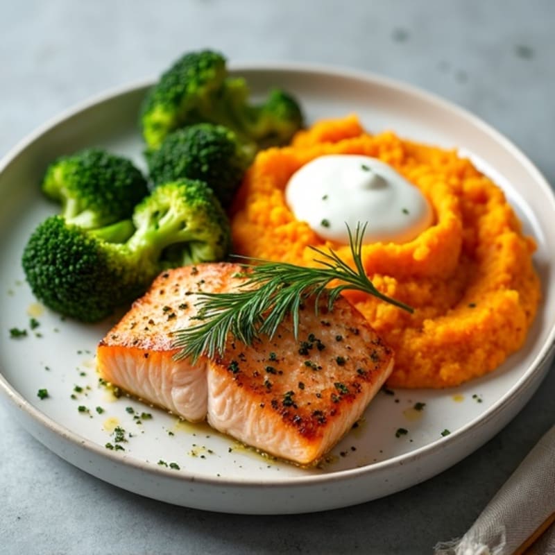 Herb-Seared Salmon with Steamed Broccoli and Sweet Potato Mash