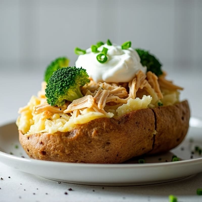 Creamy Chicken and Steamed Broccoli Loaded Baked Potato