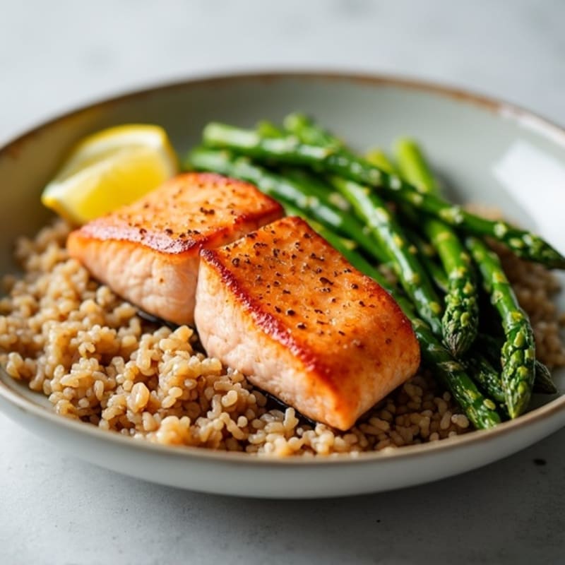 Seared Salmon Fillet with Steamed Asparagus and Brown Rice