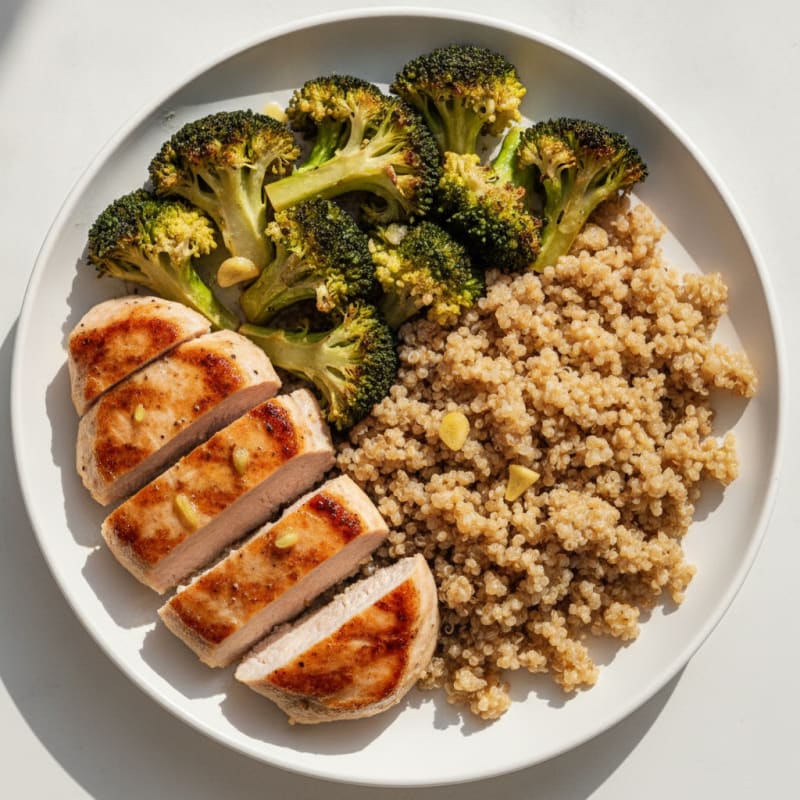 Seared Turkey Cutlets with Roasted Broccoli and Quinoa