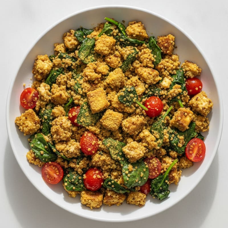 Crispy Tofu Scramble with Spinach and Cherry Tomatoes