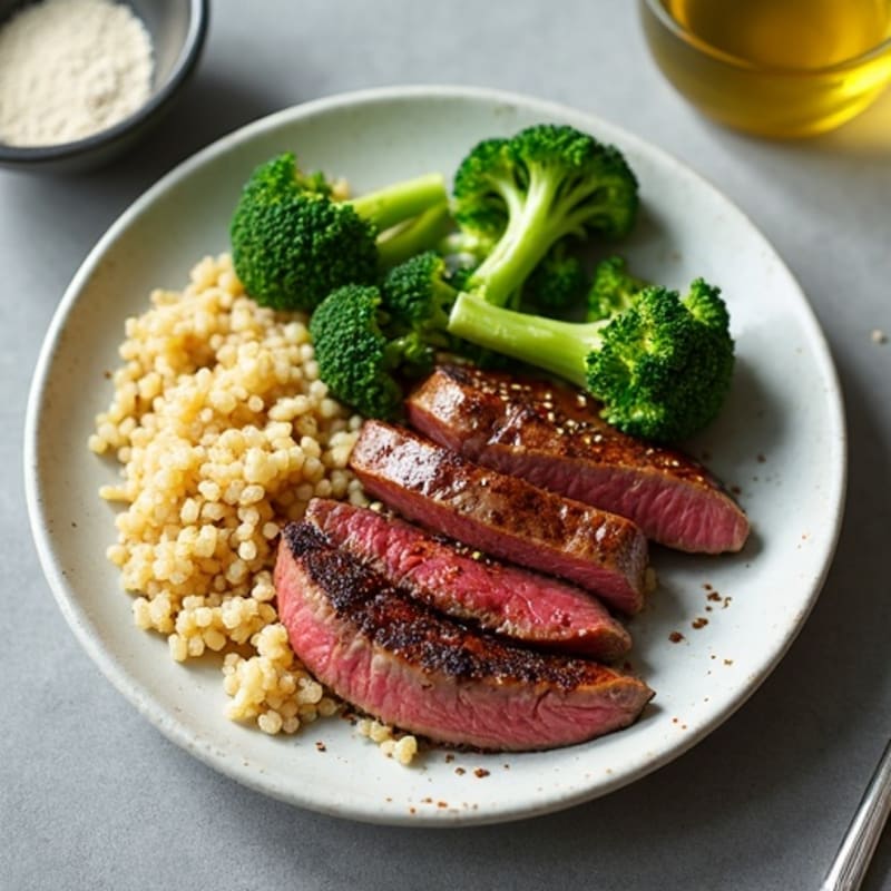 Seared Lean Beef Strips with Roasted Broccoli and Quinoa