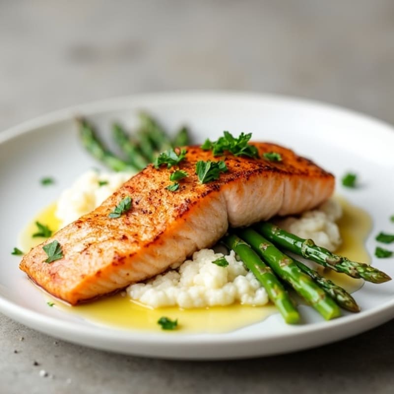 Seared Salmon Fillet with Steamed Asparagus and Cauliflower Mash