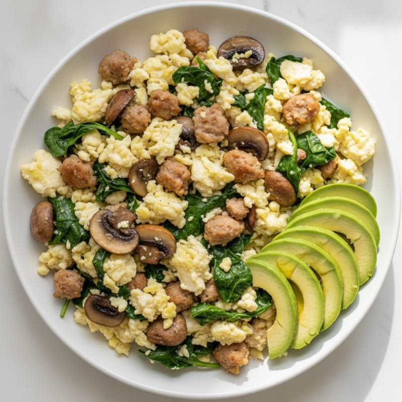 Egg White Spinach Scramble with Turkey Sausage and Sautéed Mushrooms