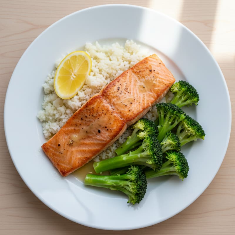 Seared Salmon with Steamed Broccoli and Cauliflower Rice