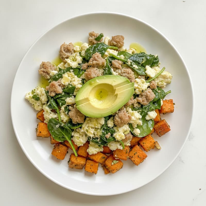 Egg White and Turkey Sausage Scramble with Spinach and Roasted Sweet Potatoes