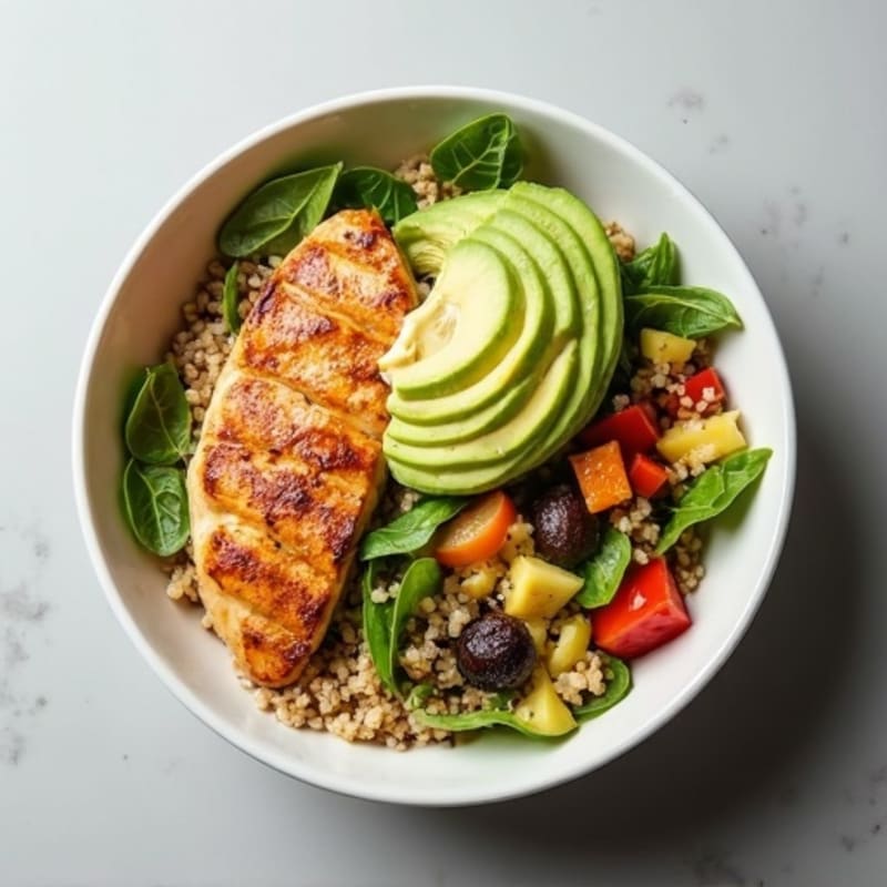 Grilled Chicken and Quinoa Bowl with Creamy Avocado Dressing
