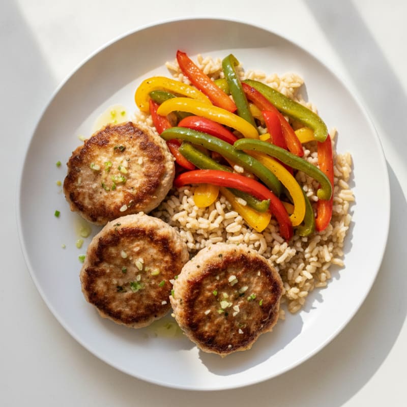 Seared Turkey Patties with Sautéed Peppers and Brown Rice