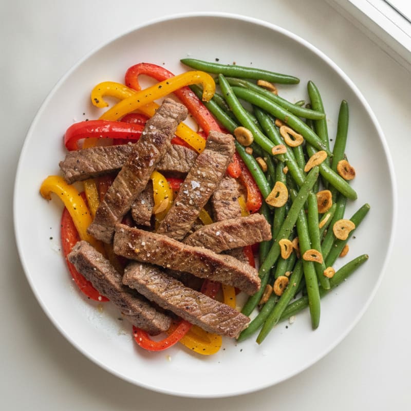 Seared Beef Strips with Sautéed Peppers and Garlic Green Beans