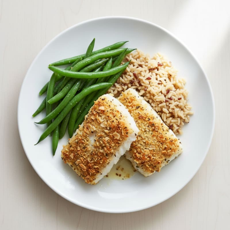 Crispy Baked Cod with Steamed Green Beans and Brown Rice