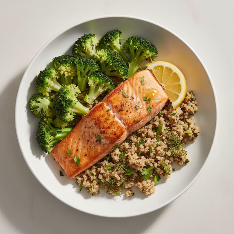 Seared Salmon with Steamed Broccoli and Herb Quinoa