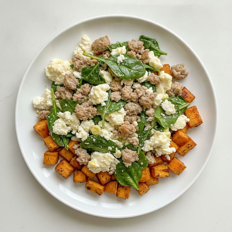 Egg White and Turkey Sausage Scramble with Spinach and Roasted Sweet Potatoes