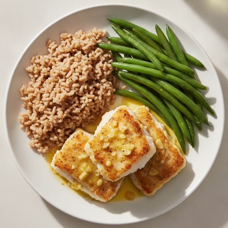 Baked Lemon Garlic Cod with Steamed Green Beans and Brown Rice