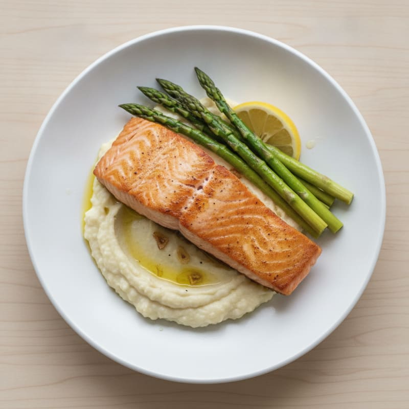 Seared Salmon with Steamed Asparagus and Garlic Cauliflower Mash
