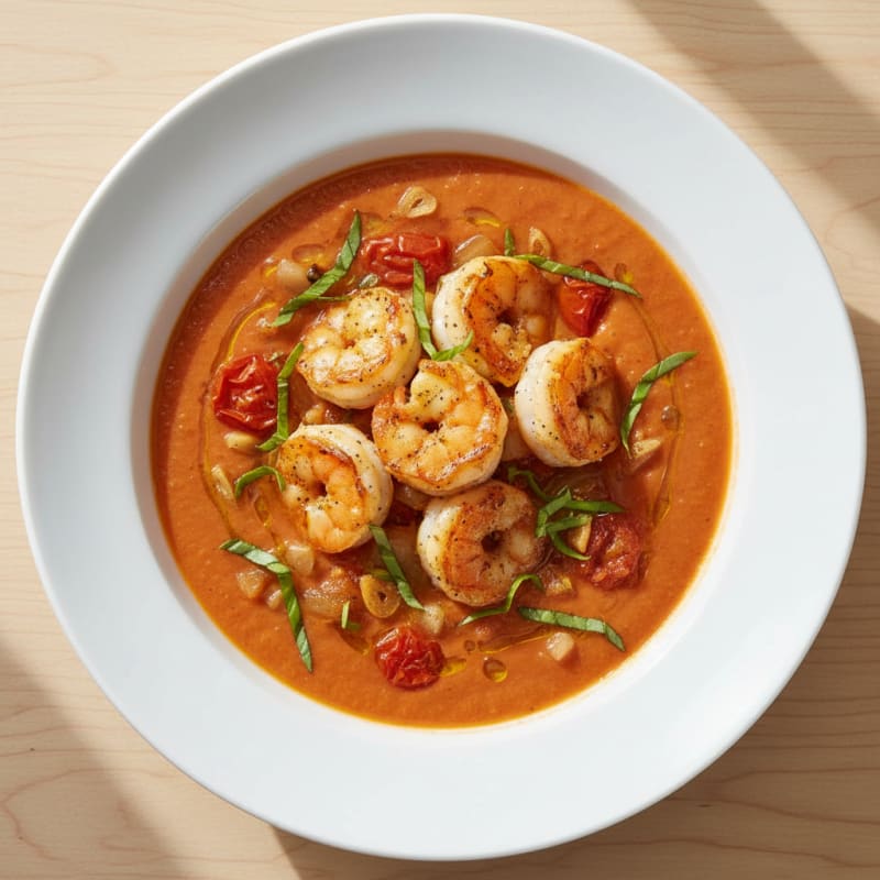 Creamy Roasted Tomato Basil Soup with Garlic Shrimp