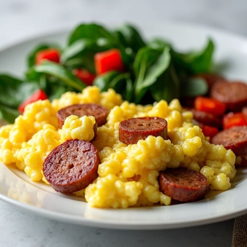 Fluffy Egg Scramble with Sautéed Greens and Lean Turkey Sausage