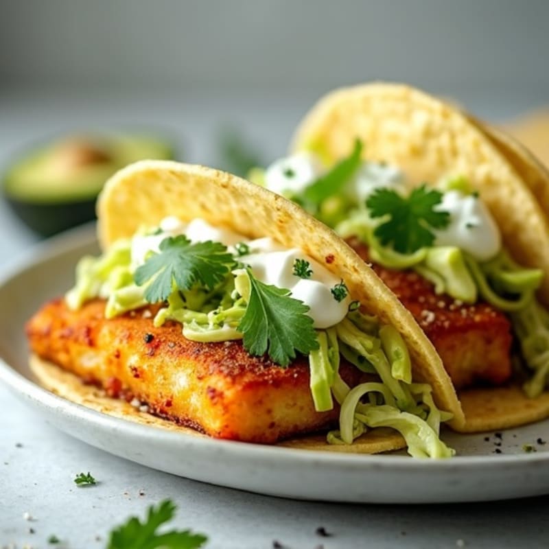 Crispy Pan-Seared Fish Tacos with Creamy Avocado Slaw