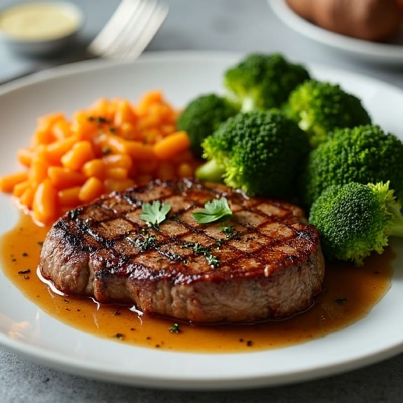 Seared Steak with Roasted Broccoli and Sweet Potato