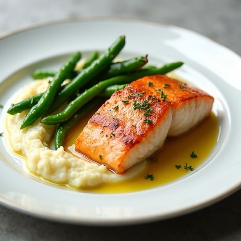 Seared Salmon with Garlic Green Beans and Cauliflower Mash