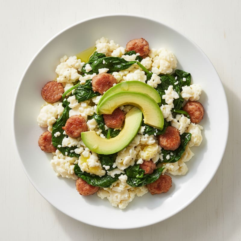 Egg White Scramble with Turkey Sausage and Sautéed Spinach