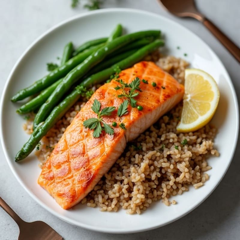 Seared Salmon Fillet with Steamed Green Beans and Brown Rice