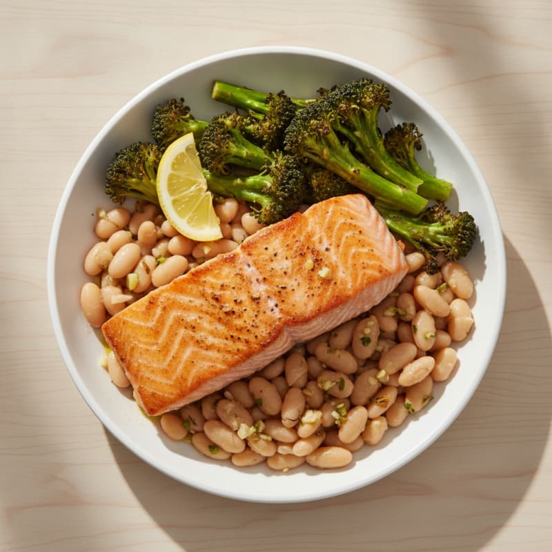 Pan Seared Salmon with Roasted Broccoli and Garlic White Beans