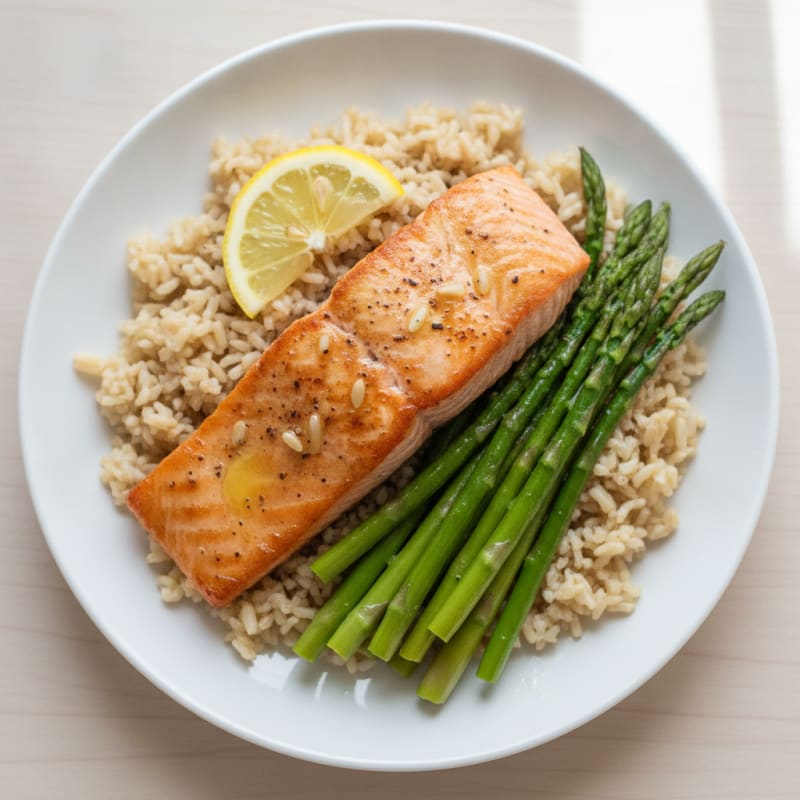Seared Salmon with Steamed Asparagus and Brown Rice