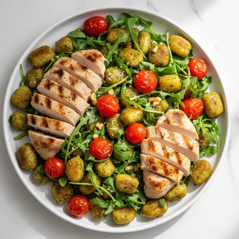Gnocchi with Arugula Pesto and Cherry Tomatoes