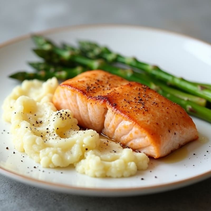 Seared Salmon with Steamed Asparagus and Cauliflower Mash