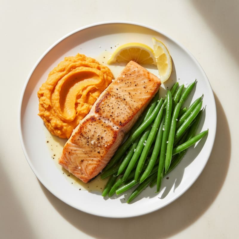Seared Salmon Fillet with Steamed Green Beans and Sweet Potato Mash