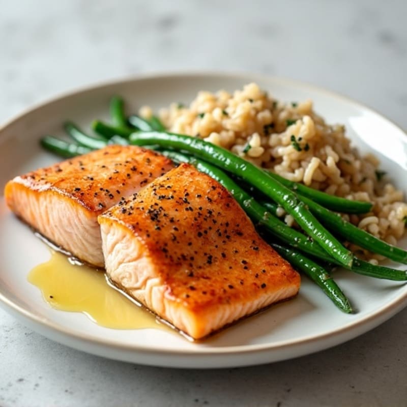 Seared Salmon with Steamed Green Beans and Brown Rice