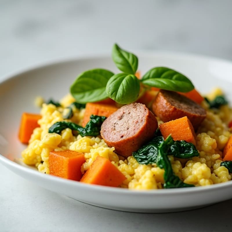 Egg White and Turkey Sausage Scramble with Spinach and Sweet Potato
