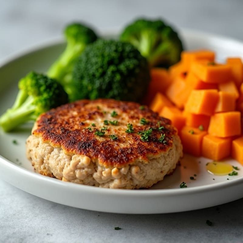 Seared Turkey Patties with Roasted Sweet Potatoes and Steamed Broccoli