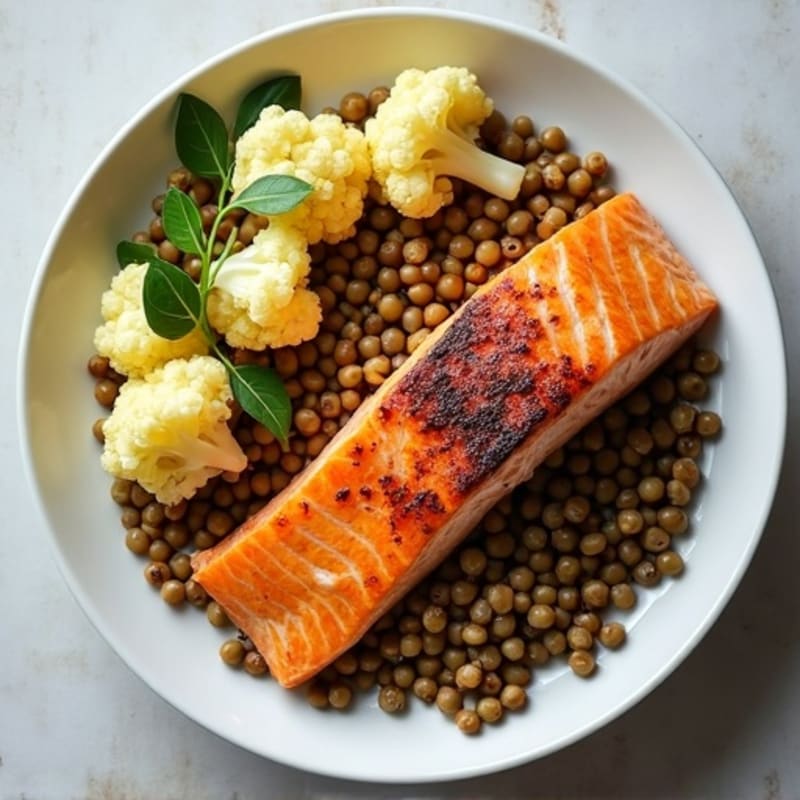 Seared Salmon with Roasted Cauliflower and Lentils