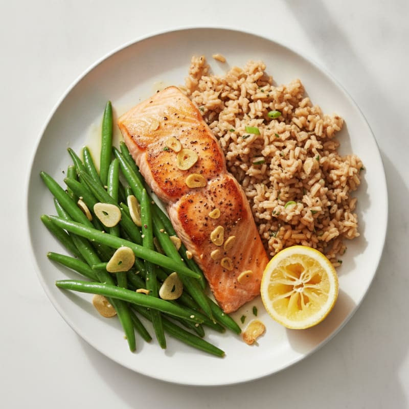 Seared Salmon Fillet with Garlic Green Beans and Brown Rice