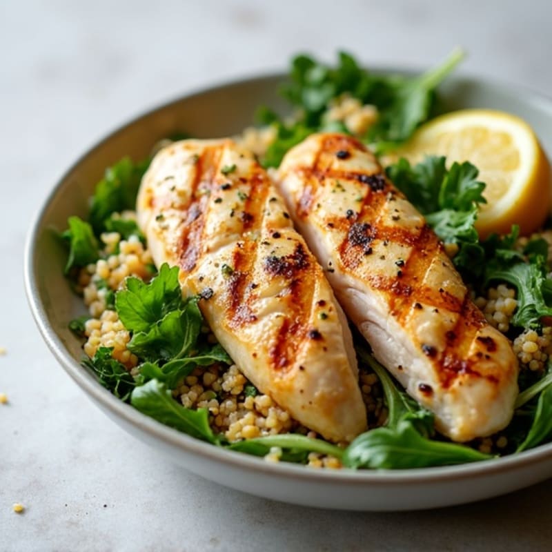 Grilled Chicken Breast with Leafy Greens and Quinoa