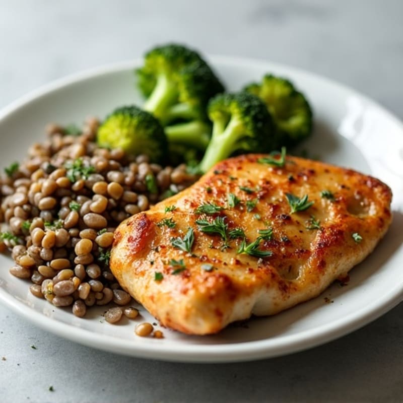 Garlic-Herb Roasted Chicken with Roasted Broccoli, Lentils, and Tangy Sauerkraut