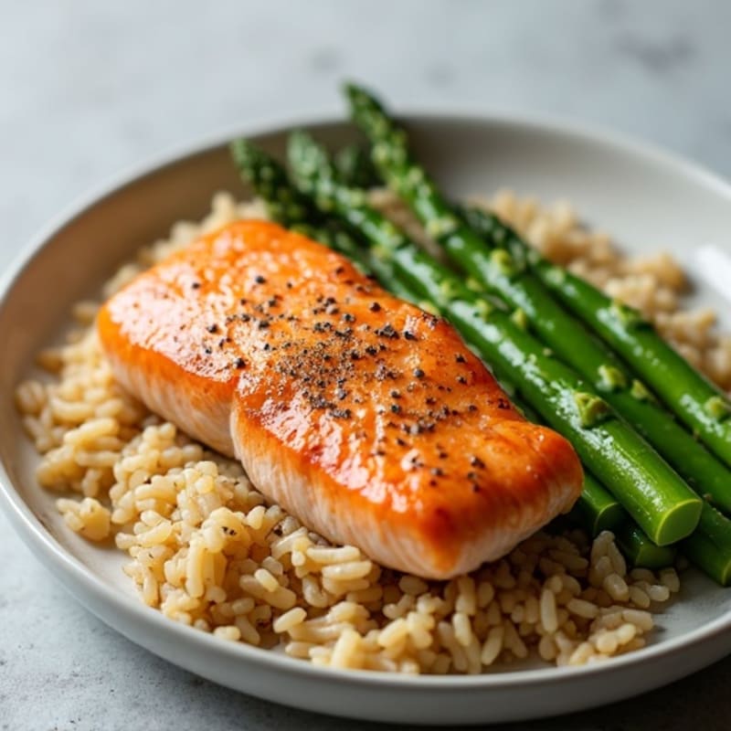 Seared Salmon with Steamed Asparagus and Brown Rice