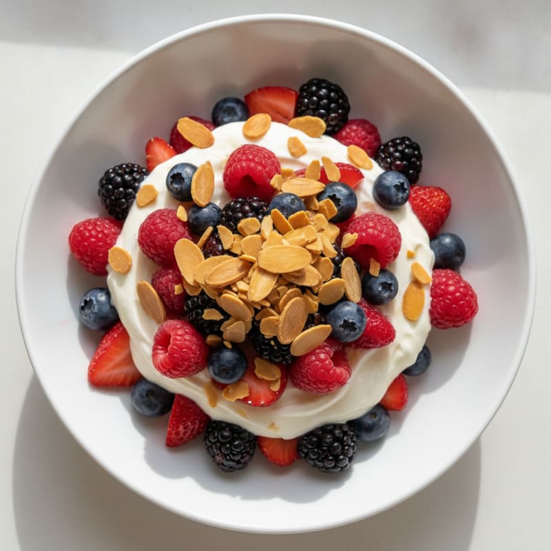 Greek Yogurt Protein Parfait with Mixed Berries and Almonds
