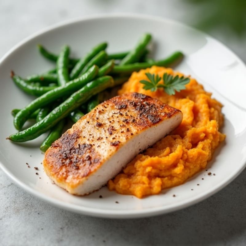 Seared Turkey Breast with Steamed Green Beans and Sweet Potato Mash
