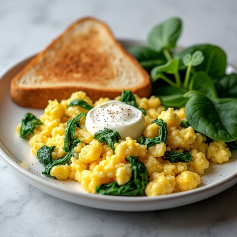 High-Protein Fluffy Egg Scramble with Wilted Spinach and Creamy Cottage Cheese