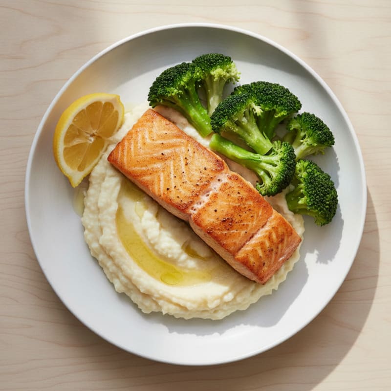 Seared Salmon Fillet with Steamed Broccoli and Garlic Cauliflower Mash