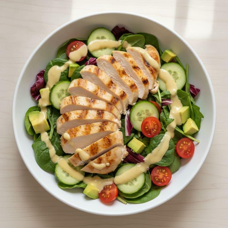 Grilled Chicken Breast Salad with Mixed Greens and Lemon Tahini Dressing