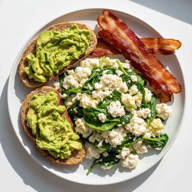 Cottage Cheese Egg White Scramble with Spinach and Turkey Bacon