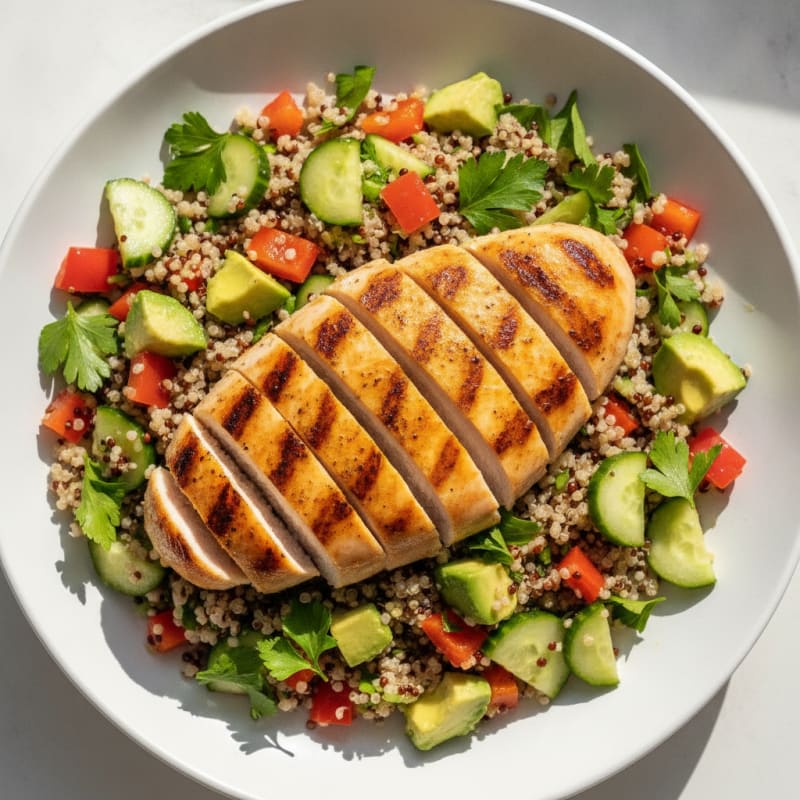 Grilled Chicken Breast with Quinoa and Crunchy Vegetable Salad