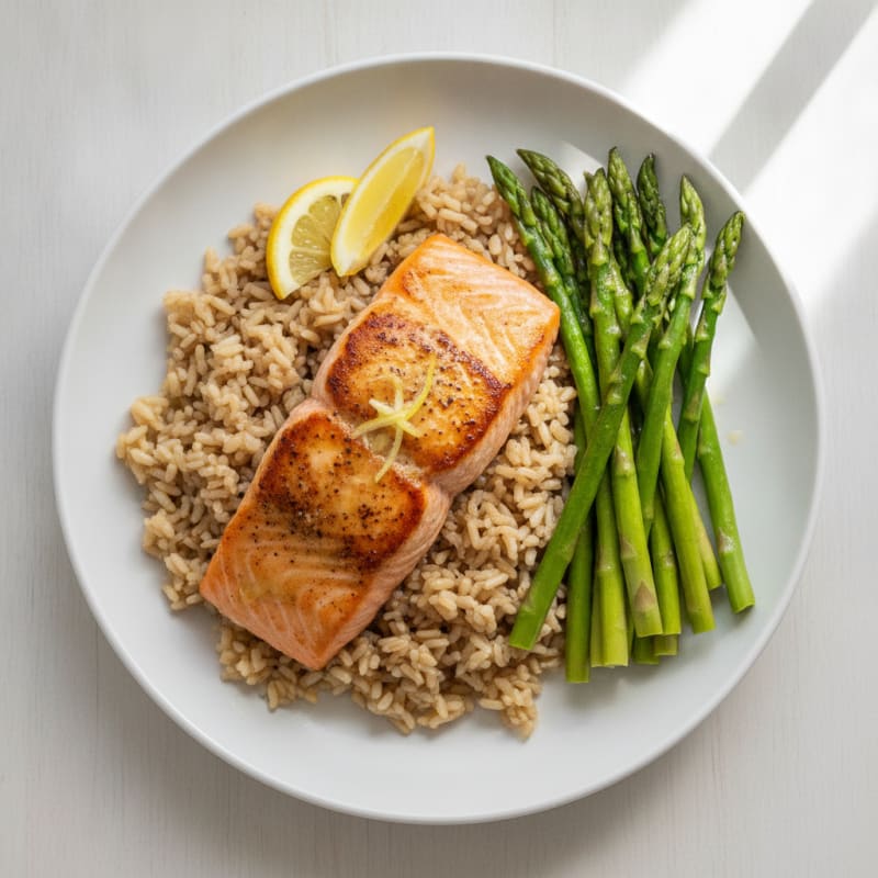 Seared Salmon Fillet with Steamed Asparagus and Brown Rice