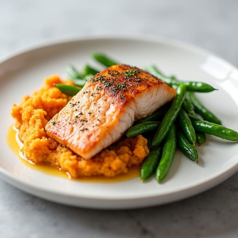Seared Salmon with Steamed Green Beans and Sweet Potato Mash