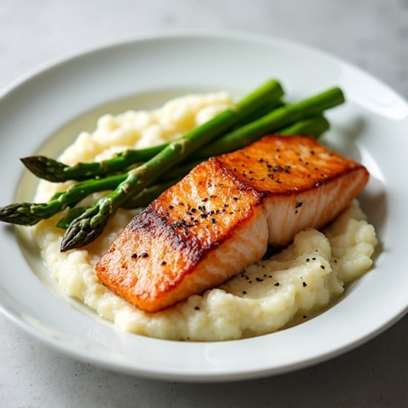 Seared Salmon with Steamed Asparagus and Cauliflower Mash