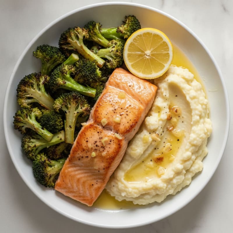 Pan-Seared Salmon with Roasted Broccoli and Garlic Mashed Cauliflower